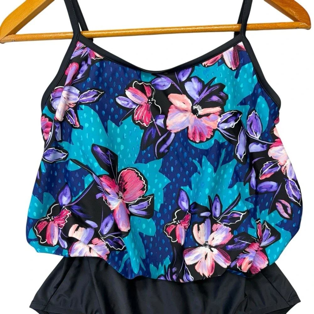 Maxine Of Hollywood Womens Swimsuit 16 One Piece Black Blue Floral Modest Mature